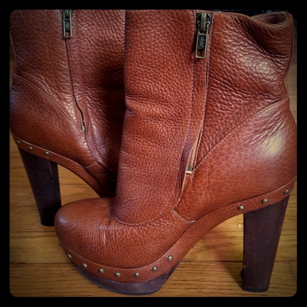 Uggs leather ankle high heel studded boots